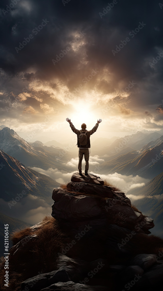 Man with his arms raised at the top of a mountain motivational generative ai