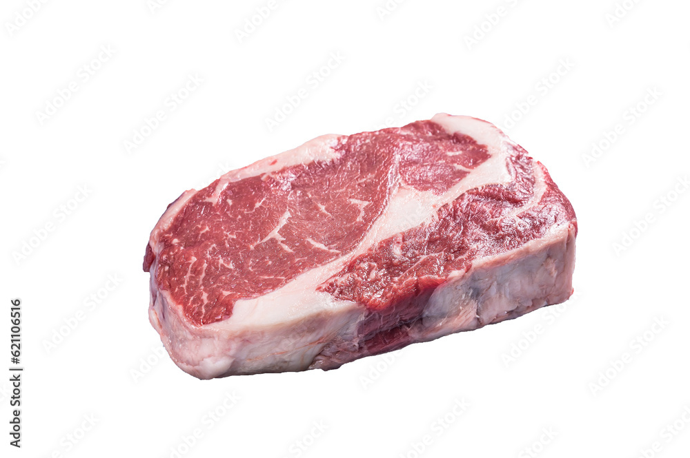 Raw Rib Eye Steak, beef marbled meat on butcher board.  High quality Isolate, transparent background