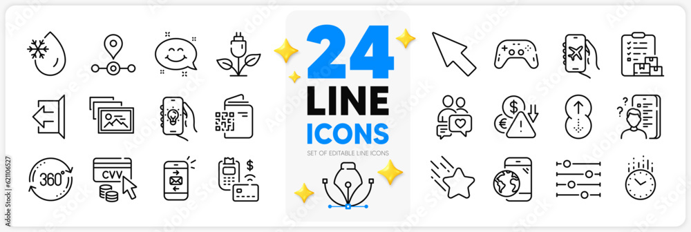 Icons set of Time, Electric app and Freezing water line icons pack for app with Swipe up, Deflation, Eco power thin outline icon. Survey, Filter, Delivery report pictogram. Pos terminal. Vector