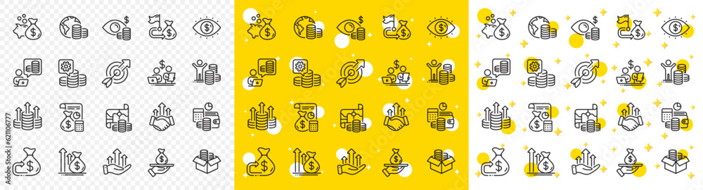Accounting coins, Budget Investment, Trade Strategy icons. Finance line icons. Finance management, Budget gain and Business asset. Money economy, Loan in dollars and Treasure map. Vector