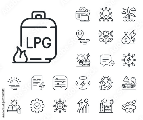 LPG fuel container sign. Energy, Co2 exhaust and solar panel outline icons. Gas cylinder line icon. Liquefied petroleum gas bottle symbol. Gas cylinder line sign. Vector