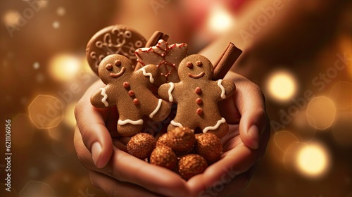 Hands of cute African-American child holding a gingerbread men in palms in happy Christmas time. Festive joy and sweet treats.ultural diversity and joyful celebrations.  photo
