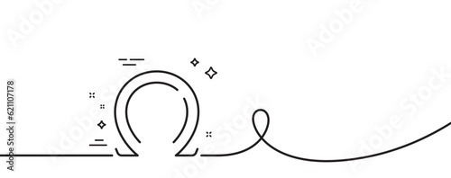 Omega line icon. Continuous one line with curl. Last Greek letter sign. Ohm electrical resistance symbol. Omega single outline ribbon. Loop curve pattern. Vector photo