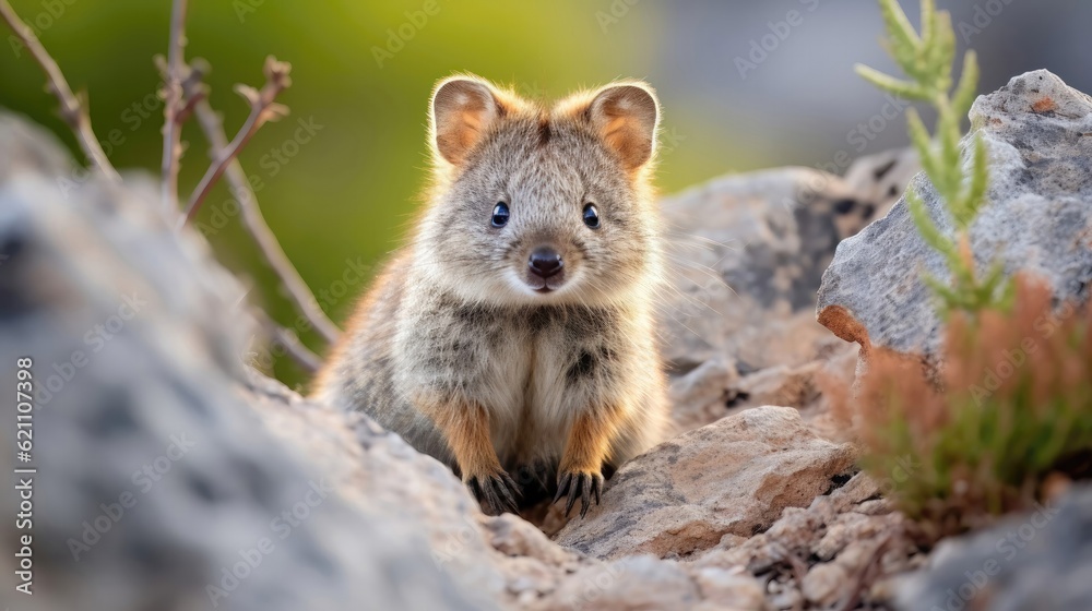 Obraz premium Endearing quokka rat hops among the rocky terrain, its friendly demeanor and sweet smile enchanting all who cross its path. Generative AI