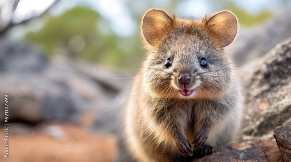 Endearing quokka rat hops among the rocky terrain, its friendly demeanor and sweet smile enchanting all who cross its path. Generative AI Endearing quokka rat hops among the rocky terrain, its friendly demeanor and sweet smile enchanting all who cross its path. Generative AI