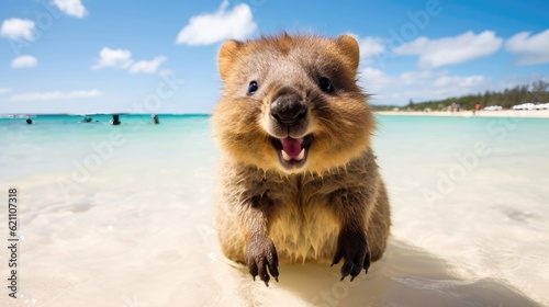 Adorable quokka bounces across the sandy beach, its round cheeks and infectious smile melting the hearts of all who encounter it. Generative AI photo
