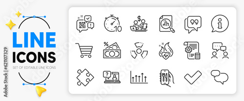 People chatting, Qr code and Money tax line icons set for app include Info, Strategy, Faq outline thin icon. Restaurant app, Tick, Quote bubble pictogram icon. Analytics graph. Vector