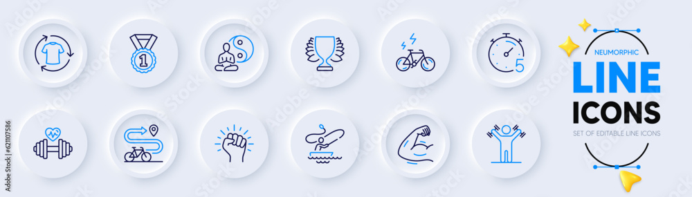 Change clothes, Empower and Bike path line icons for web app. Pack of E-bike, Best rank, Timer pictogram icons. Winner, Boat fishing, Dumbbells workout signs. Strong arm, Yoga, Dumbbell. Shirt. Vector Change clothes, Empower and Bike path line icons for web app. Pack of E-bike, Best rank, Timer pictogram icons. Winner, Boat fishing, Dumbbells workout signs. Strong arm, Yoga, Dumbbell. Shirt. Vector