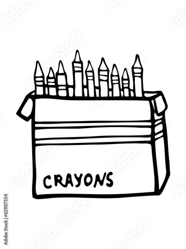  Isolated Hand drawn vector illustration of box of crayons. Art, drawing, wax crayons. Ink pen. Doodle.