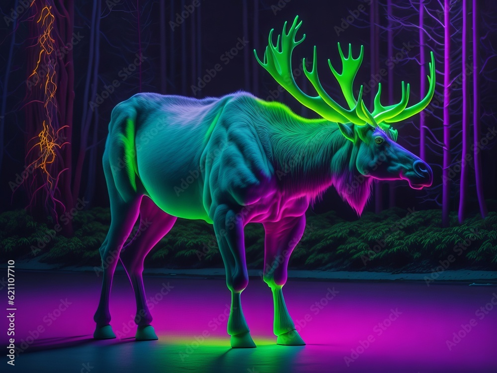 Moose in fluorescent electric highlighters ultra-bright neon outfits. Generative AI