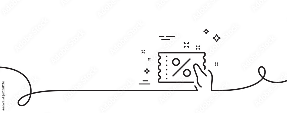 Discount coupon line icon. Continuous one line with curl. Sale offer sign. Promotion price symbol. Discount coupon single outline ribbon. Loop curve pattern. Vector