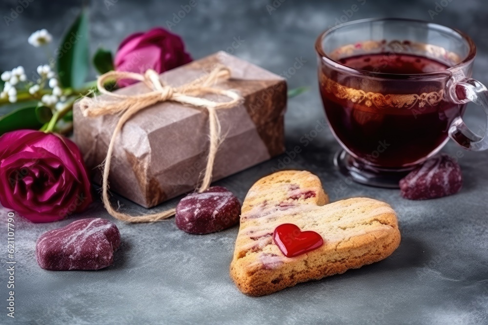 Valentines Day handmade heart-shaped cookies with crimson jam. On a marble table with a gift, tea, and flowers Valentines Day handmade heart-shaped cookies with crimson jam. On a marble table with a gift, tea, and flowers