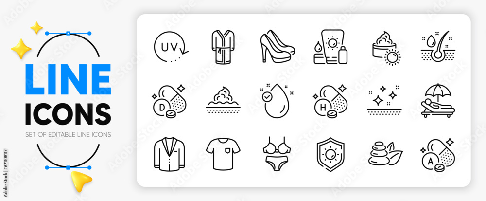 Lingerie, Vitamin h and Spa stones line icons set for app include Vitamin e, Sun protection, Suit outline thin icon. Sun cream, T-shirt, Skin care pictogram icon. Serum oil, Bathrobe. Vector