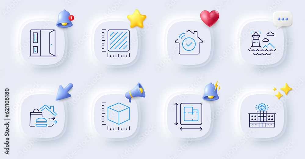 Package size, Hospital building and Lighthouse line icons. Buttons with 3d bell, chat speech, cursor. Pack of House security, Square meter, Open door icon. Floor plan, Food delivery pictogram. Vector Package size, Hospital building and Lighthouse line icons. Buttons with 3d bell, chat speech, cursor. Pack of House security, Square meter, Open door icon. Floor plan, Food delivery pictogram. Vector