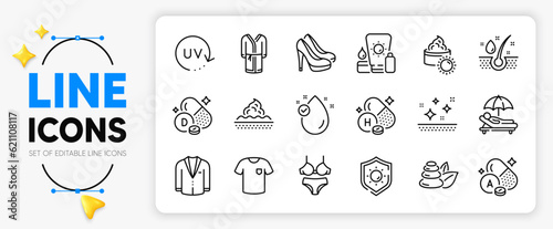 Lingerie, Vitamin h and Spa stones line icons set for app include Vitamin e, Sun protection, Suit outline thin icon. Sun cream, T-shirt, Skin care pictogram icon. Serum oil, Bathrobe. Vector