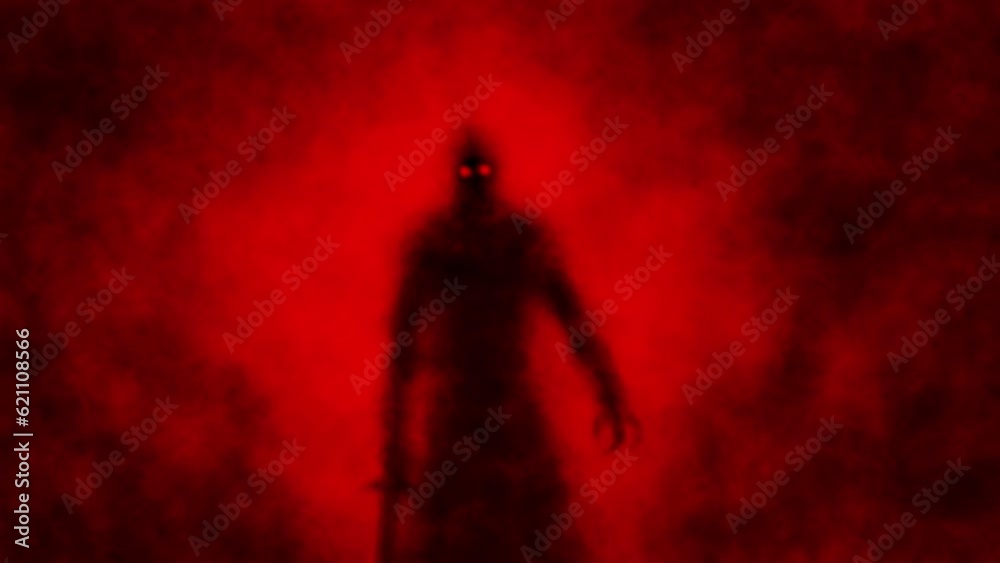 Scary knight ghost with sword. Gloomy ancient warrior. Horror fantasy genre. Dark spirit cave. Animated video clip. Creepy short film for spooky Halloween. Vj loop. Red and black abstract background. 