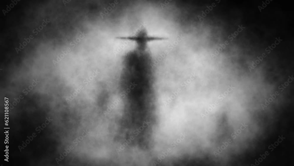Scary man silhouette in raincoat and big hat. Gloomy 2d animation. Dark maniac character in fog.  Horror fantasy movie. Halloween ghost video clip. Spooky visions of hell. Black and white background.