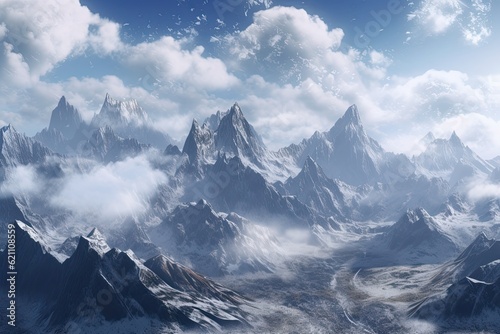Gorgeous view of a range of granite mountains covered with snow under a cloudy sky. made using generative AI tools
