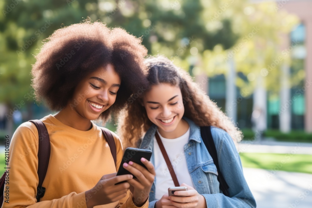 smiling teenage girls laughing while watching a video on a smartphone. They are standing outdoors on the school's campus. smiling teenage girls laughing while watching a video on a smartphone. They are standing outdoors on the school's campus.
