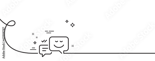 Message speech bubbles with Smile line icon. Continuous one line with curl. Chat emotion sign. Happy emotion single outline ribbon. Loop curve pattern. Vector