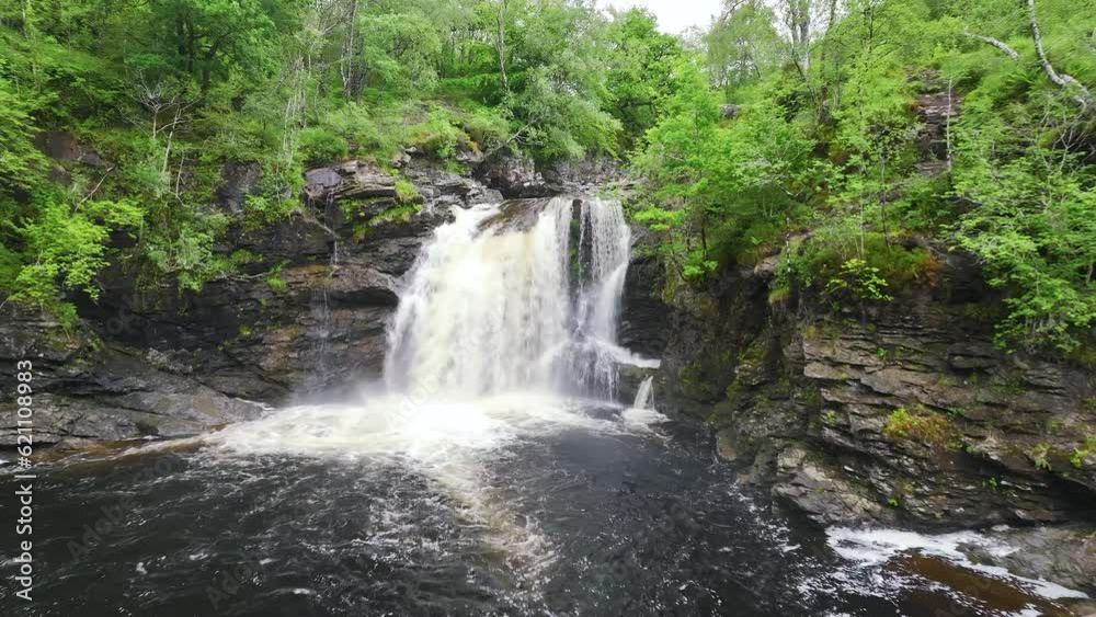 Falls of Falloch from a drone, Waterfall on River Falloch, Crianlarich, Stirling, West Highland, Scotland, UK Falls of Falloch from a drone, Waterfall on River Falloch, Crianlarich, Stirling, West Highland, Scotland, UK
