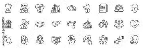 Icons pack as Organic tested, Valet servant and Farsightedness line icons for app include Bribe, Like, Cooking chef outline thin icon web set. Employees handshake, Outsource work. Vector