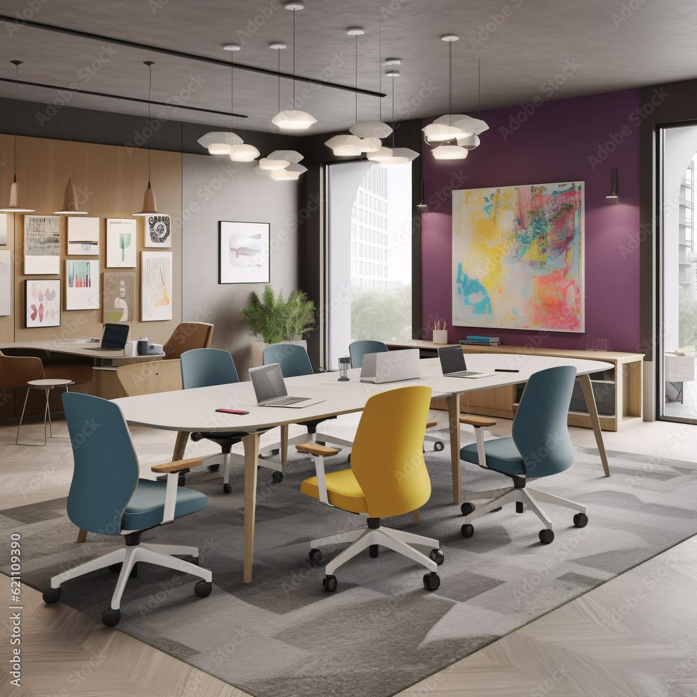 Modern, dynamic, creative, positive, motivating, functional office, workplace, workstations, meeting space, breakout area interior with desks, tables, ergonomic chairs. Artistic flair. Generative AI.
