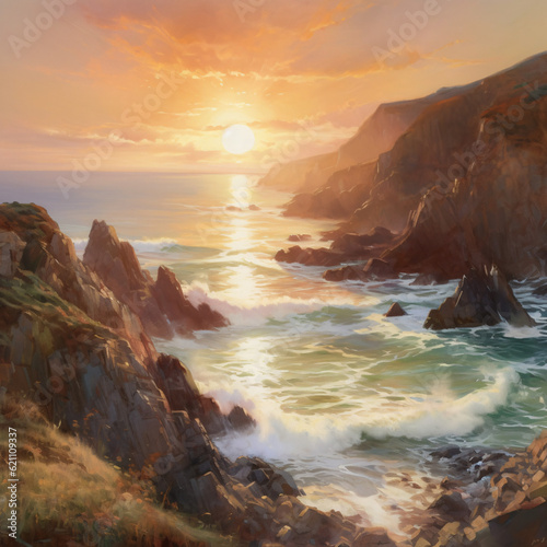 Golden Hour Serenity: A Coastal Vista Inspired by J.M.W. Turner's Seascapes. Generative AI. photo