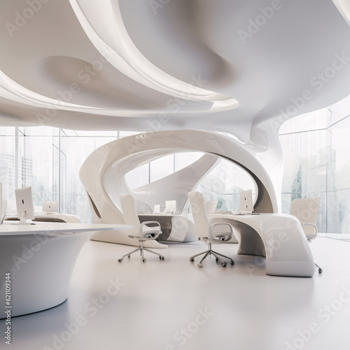 Futuristic  innovative  collaborative  creative  light office  workplace  workstations  meeting space  breakout area interior with modular  ergonomic furniture. Minimalistic. Generative AI.