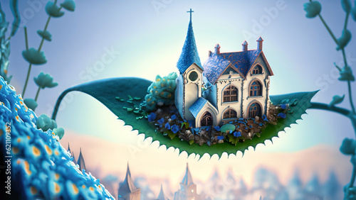 Tiny church on a leaf! Blue Backgrounds, with fantasy theme