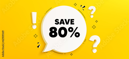 Save 80 percent off tag. Chat speech bubble banner with questions. Sale Discount offer price sign. Special offer symbol. Discount speech bubble message. Quiz chat box. Vector