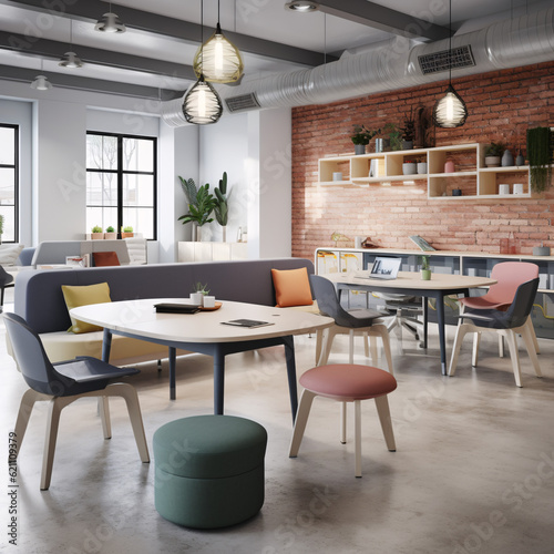 Modern  dynamic  creative  positive  motivating  functional office  workplace  workstations  meeting space  breakout area interior with desks  tables  ergonomic chairs. Artistic flair. Generative AI.