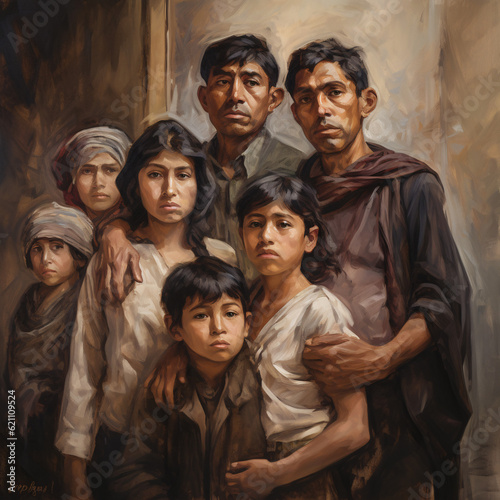 The Journey of Hope: A Classical Oil Painting of an Immigrant Family in Transition. Generative AI.