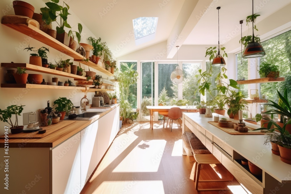 Kitchen shelves with white furnishings on a hardwood floor Tableware and potted plants adorn the huge kitchen. Renovating a stylish contemporary dining room Kitchen shelves with white furnishings on a hardwood floor Tableware and potted plants adorn the huge kitchen. Renovating a stylish contemporary dining room