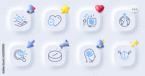 Stress, Medical tablet and Life insurance line icons. Buttons with 3d bell, chat speech, cursor. Pack of Vision test, Medical mask, Skin care icon. Stress grows, Pandemic vaccine pictogram. Vector
