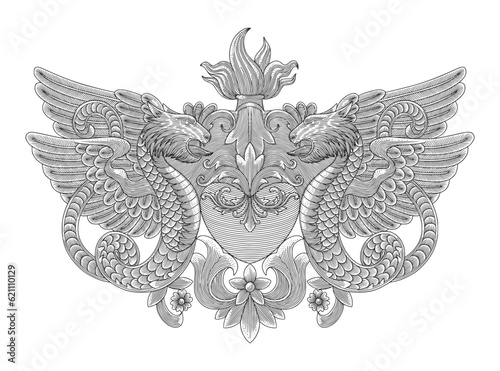 Heart with dragon, floral ornamental and torch,  Vintage engraving drawing style, antique design vector illustration
