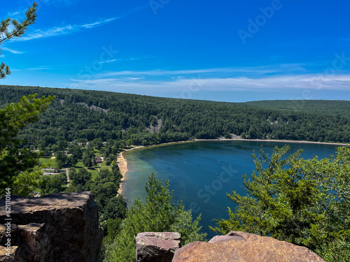 View over the balanced rock at Devils Lake, Madison, Wisconsin USA