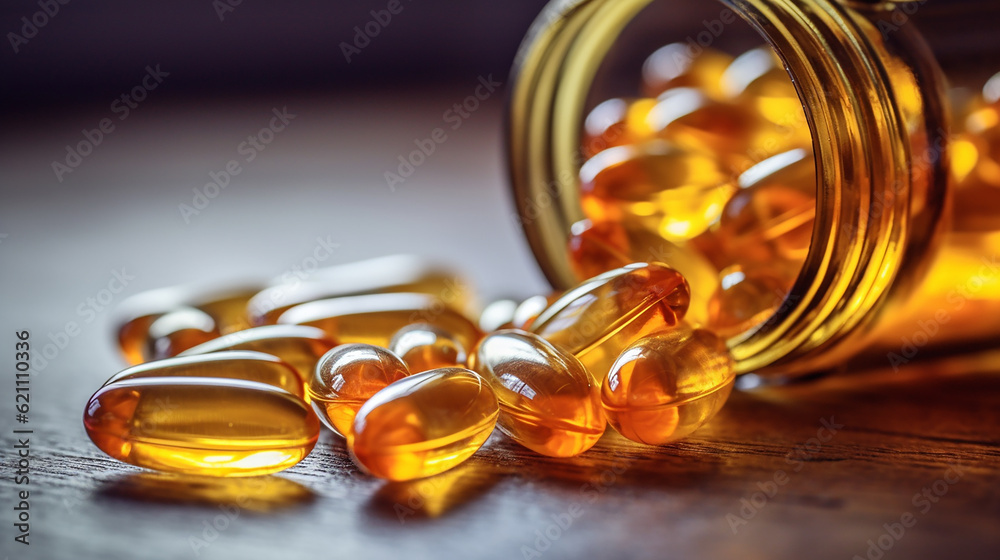 Cod liver oil omega 3 gel capsules close up. Fish oil capsules.