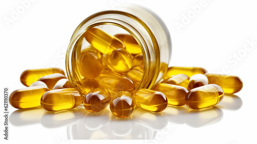 An enticing image capturing the vibrant display of Omega-3 capsules, their glossy shells reflecting light, symbolizing the potential health and wellness they hold. Generative AI