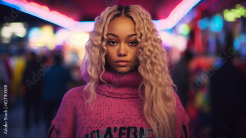 outdoors in nightlife, young adult woman with long hair, hair dyed blonde, turtleneck sweater, tanned skin, multi-ethnic, people in background, night lights of bars, fictional location