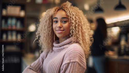 Wallpaper Mural young adult woman with dyed blonde hair, smiles, cashier or saleswoman or customer in a cafe, fictional location Torontodigital.ca
