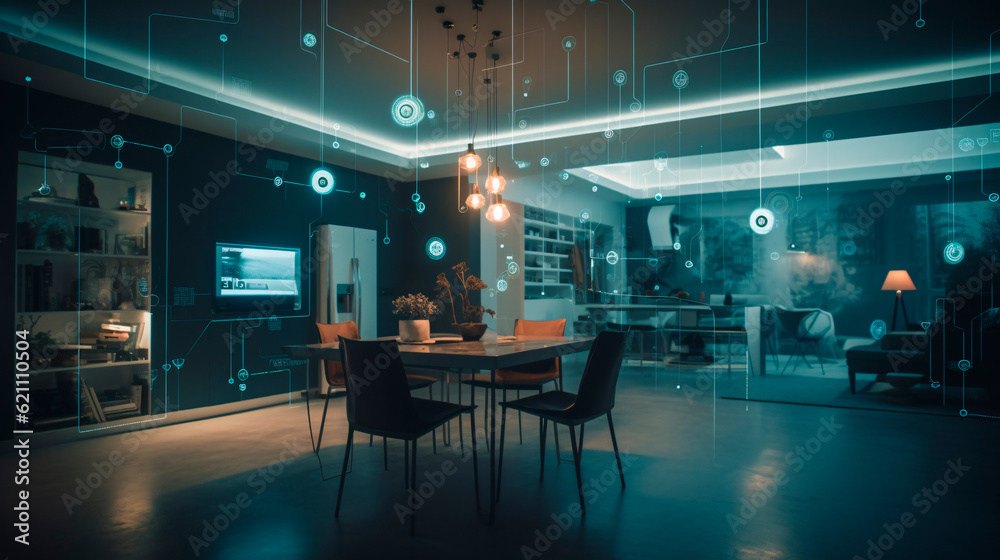 The concept of the Internet of Things with an image of a smart home, featuring various connected devices and appliances AI The concept of the Internet of Things with an image of a smart home, featuring various connected devices and appliances AI