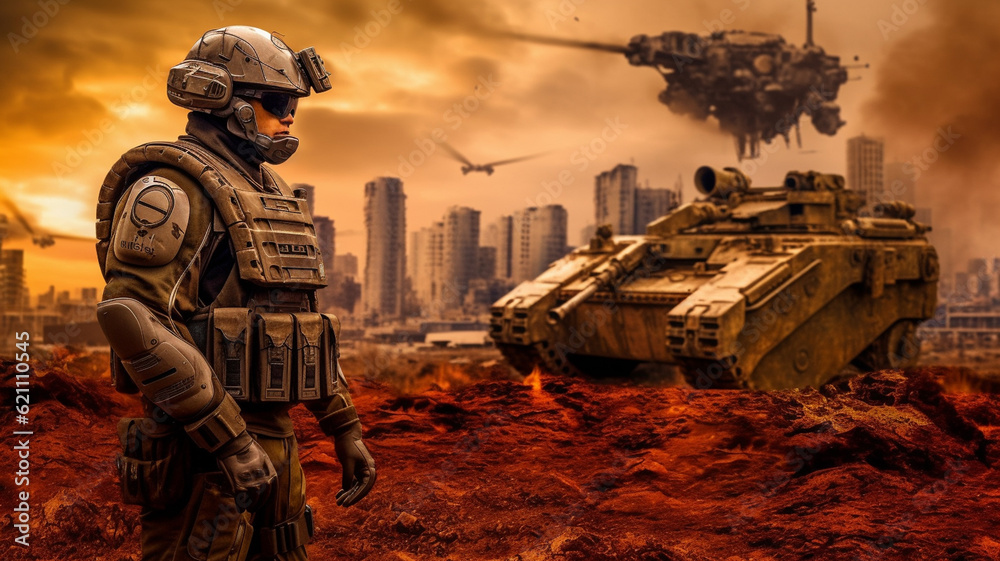 futuristic combat zone, a soldier in a combat suit, protective suit, war, a tank and a flying object, a destroyed, abandoned city with residential buildings and skyscrapers