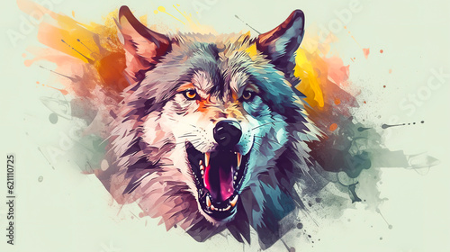 Angry gray wolf face illustration in abstract mixed grunge colors digital painting in minimal graphic art style. Natural predator in forest. Digital illustration generative AI.