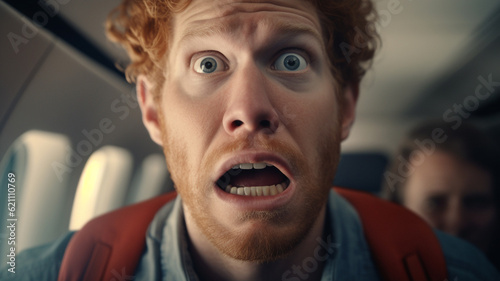 a man screams, mouth open, sits in an airplane on an airplane seat as a passenger during a flight, passenger plane, fear of flying or worries and problems, panic attack