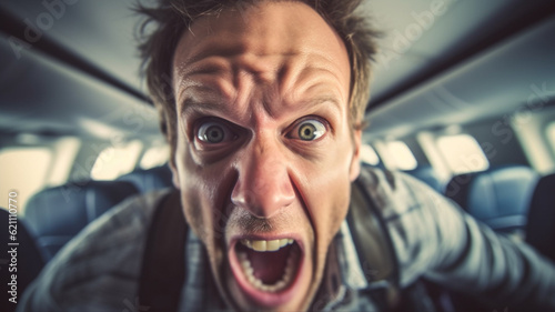 a man screams, mouth open, sits in an airplane on an airplane seat as a passenger during a flight, passenger plane, fear of flying or worries and problems, panic attack