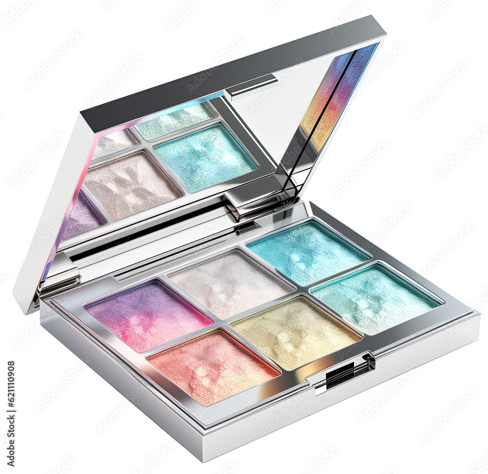 iridescent eyeshadow palette in a silver case isolated on transparent background cutout, generative ai - obrazy, fototapety, plakaty 