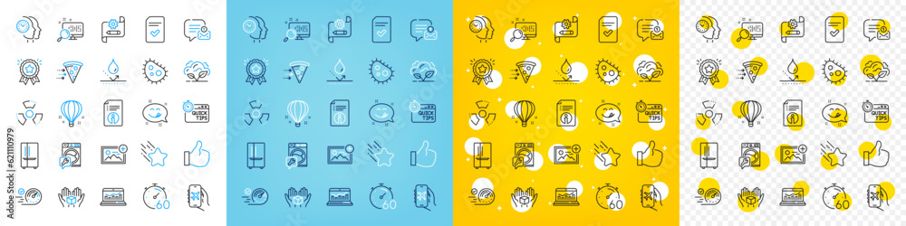 Vector icons set of Washing machine, Add photo and Checked file line icons pack for web with Chemical hazard, Search, Bacteria outline icon. Air balloon, Refrigerator, Technical info pictogram. Vector