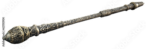 intricate old metal magic wand isolated on transparent background cutout, generative ai
