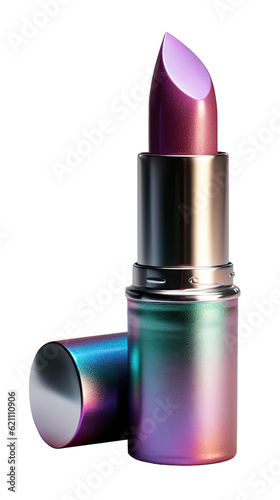 iridescent pink open tube of lipstick with cap isolated on transparent background cutout, generative ai